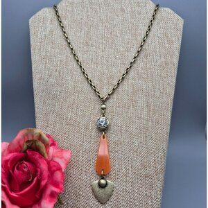 NWT Jessica Simpson Bronze Gold Pendant Necklace Orange Arrow Design Crystal 28"